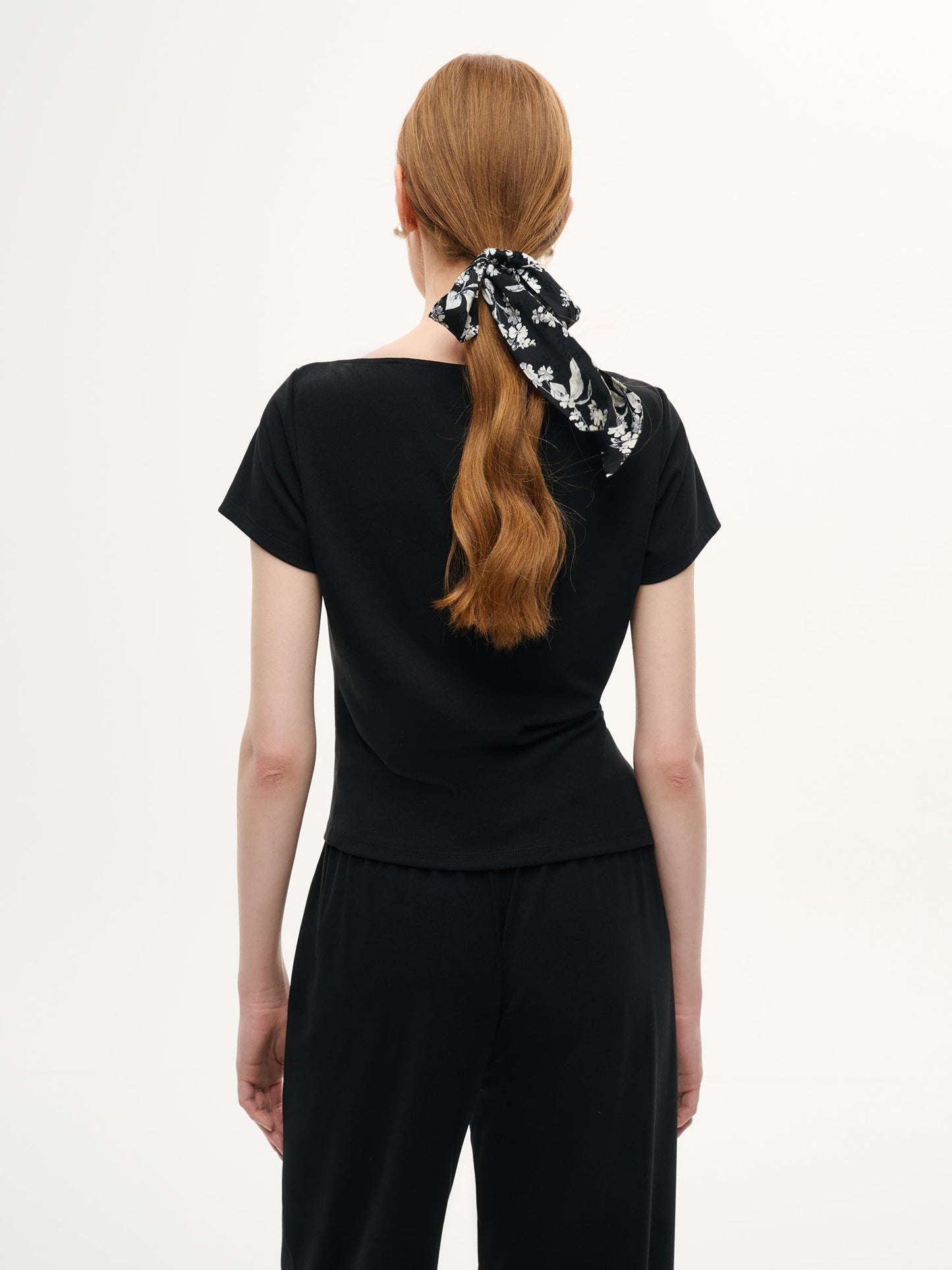 Boat Neck Side Ruched Top And Pants Two-Piece Set With Floral Print Scarf