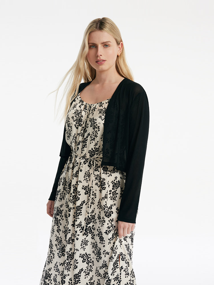 Camellia Print Spaghetti Strap Dress And Knitted Cardigan Two-Piece Set