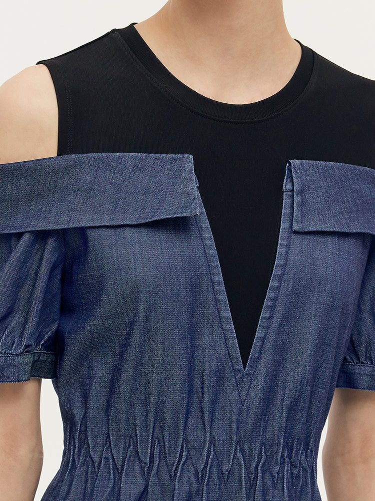 Denim Lyocell Cold Shoulder Patchwork Women Midi Dress