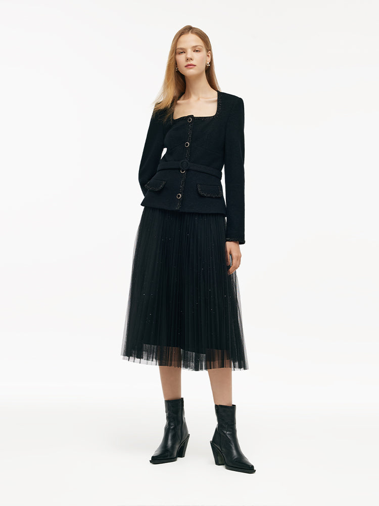 Wool Crop Jacket And Tulle Skirt Two-Piece Set With Belt