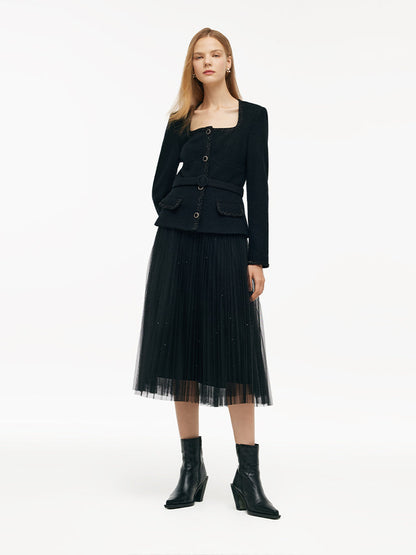 Wool Crop Jacket And Tulle Skirt Two-Piece Set With Belt