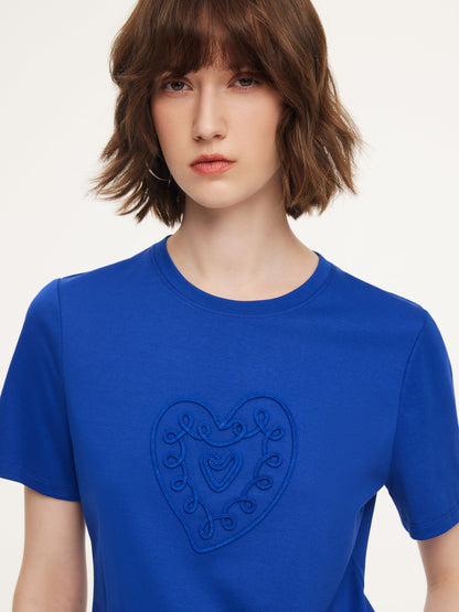 Cotton Blend Round Neck Tape Embroidered Women T-Shirt