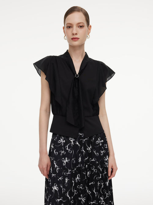 Lyocell Blend Ruffle Sleeve Women Blouse With Detachable Scarf Buckle