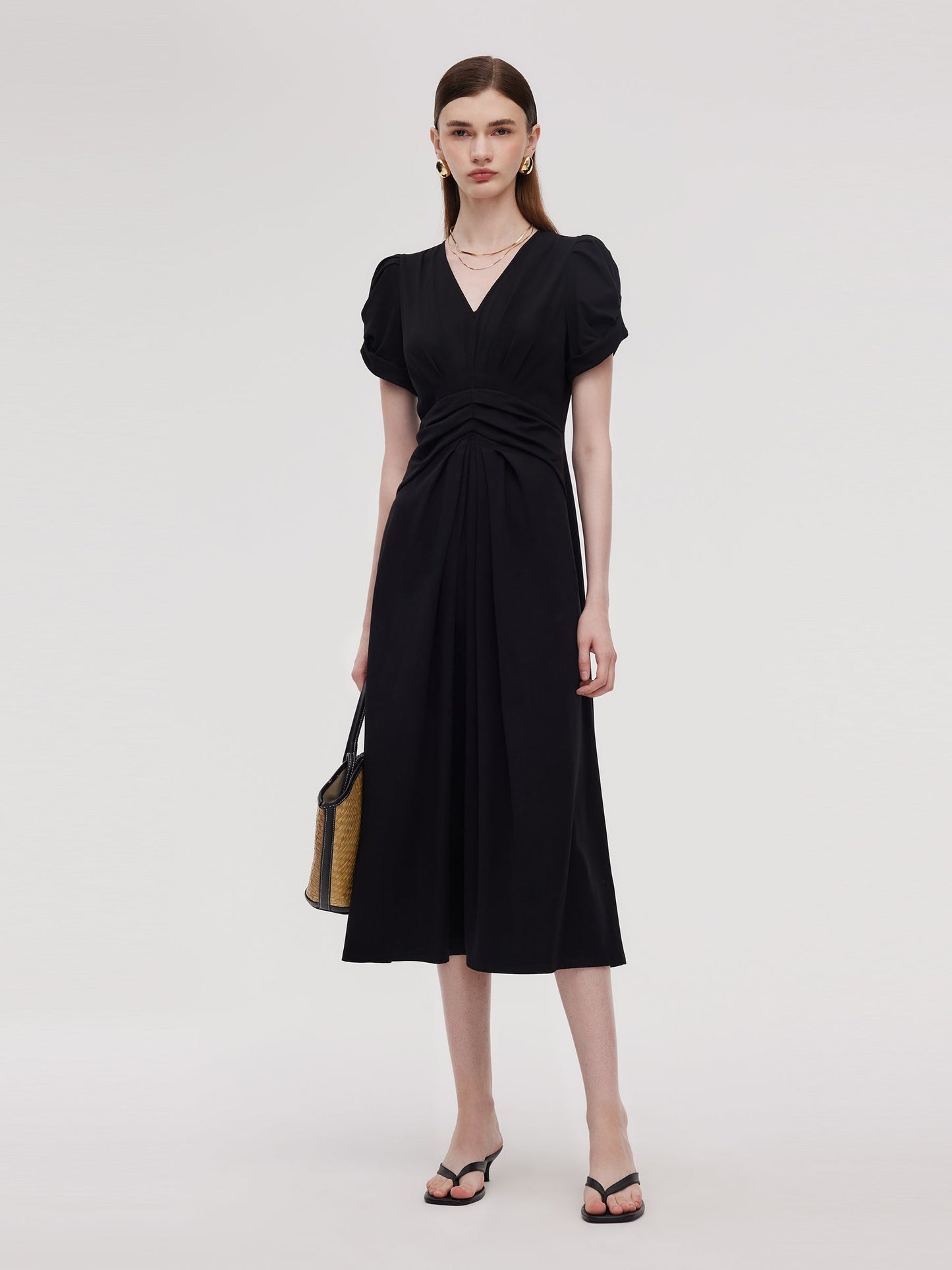 Pre-Order Pleated V-Neck Women Knit Maxi Dress