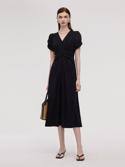 Pre-Order Pleated V-Neck Women Knit Maxi Dress