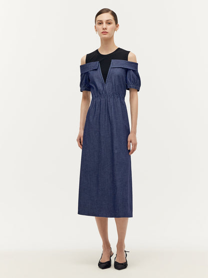 Denim Lyocell Cold Shoulder Patchwork Women Midi Dress