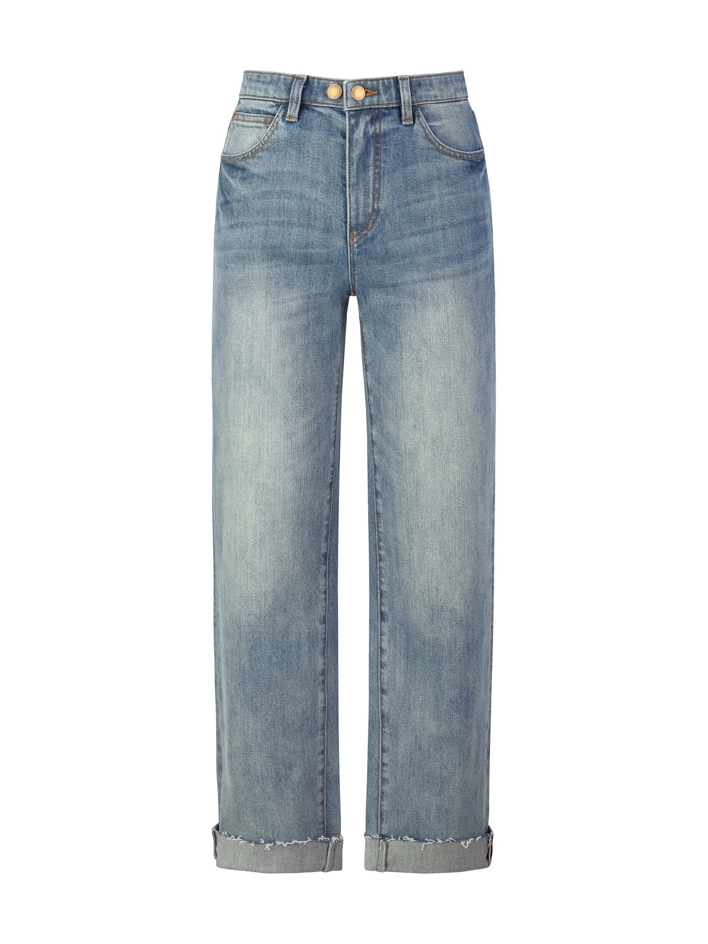 Cotton Denim Adjustable Waist Women Straight Leg Folded Jeans