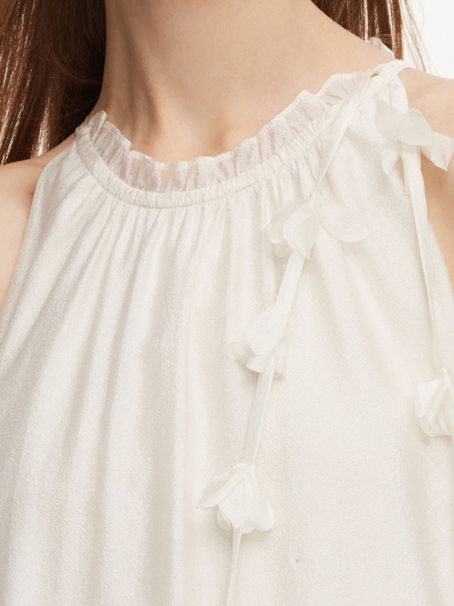 Ruffle Neckline Women Halter Maxi Dress With Floral Ribbon