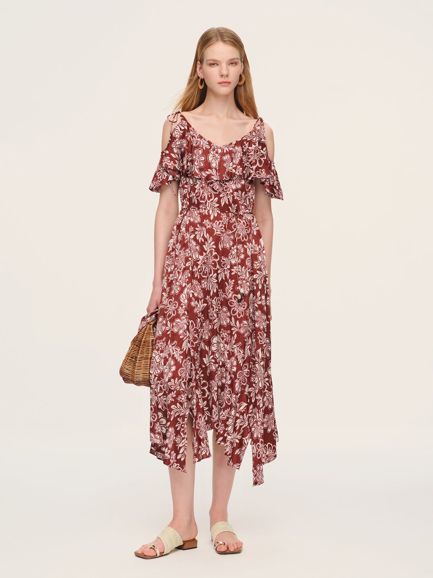 Marigold Floral Print Cold Shoulder Women Strap Maxi Dress