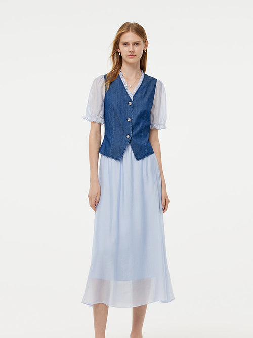 Denim Lyocell Patchwork Crop Jacket And Skirt Two-Piece Set