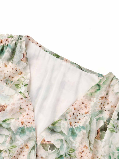 10MM Mulberry Silk Floral Print Ruffled Sleeve Women Wrap Maxi Dress