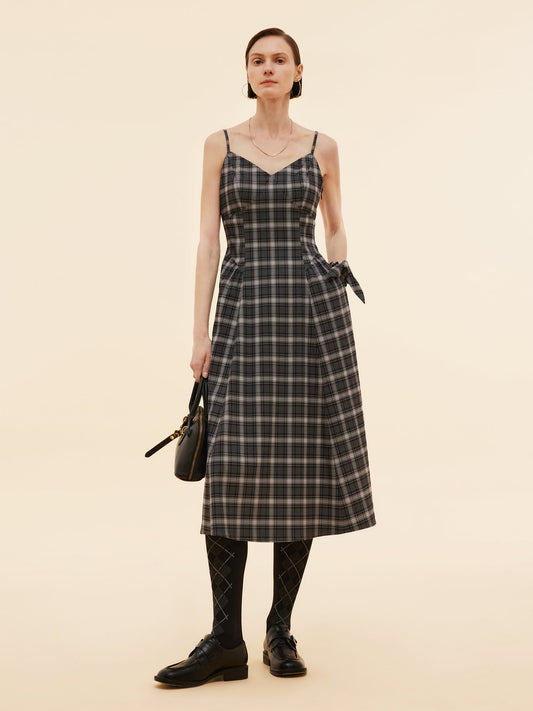 Black And Grey Plaid Women Strap Midi Dress