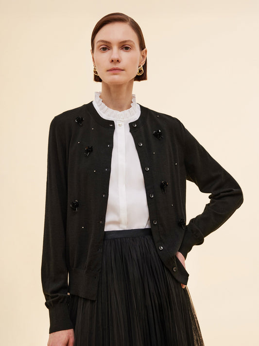 Worsted Wool Blend Beaded Sequins Women Cardigan