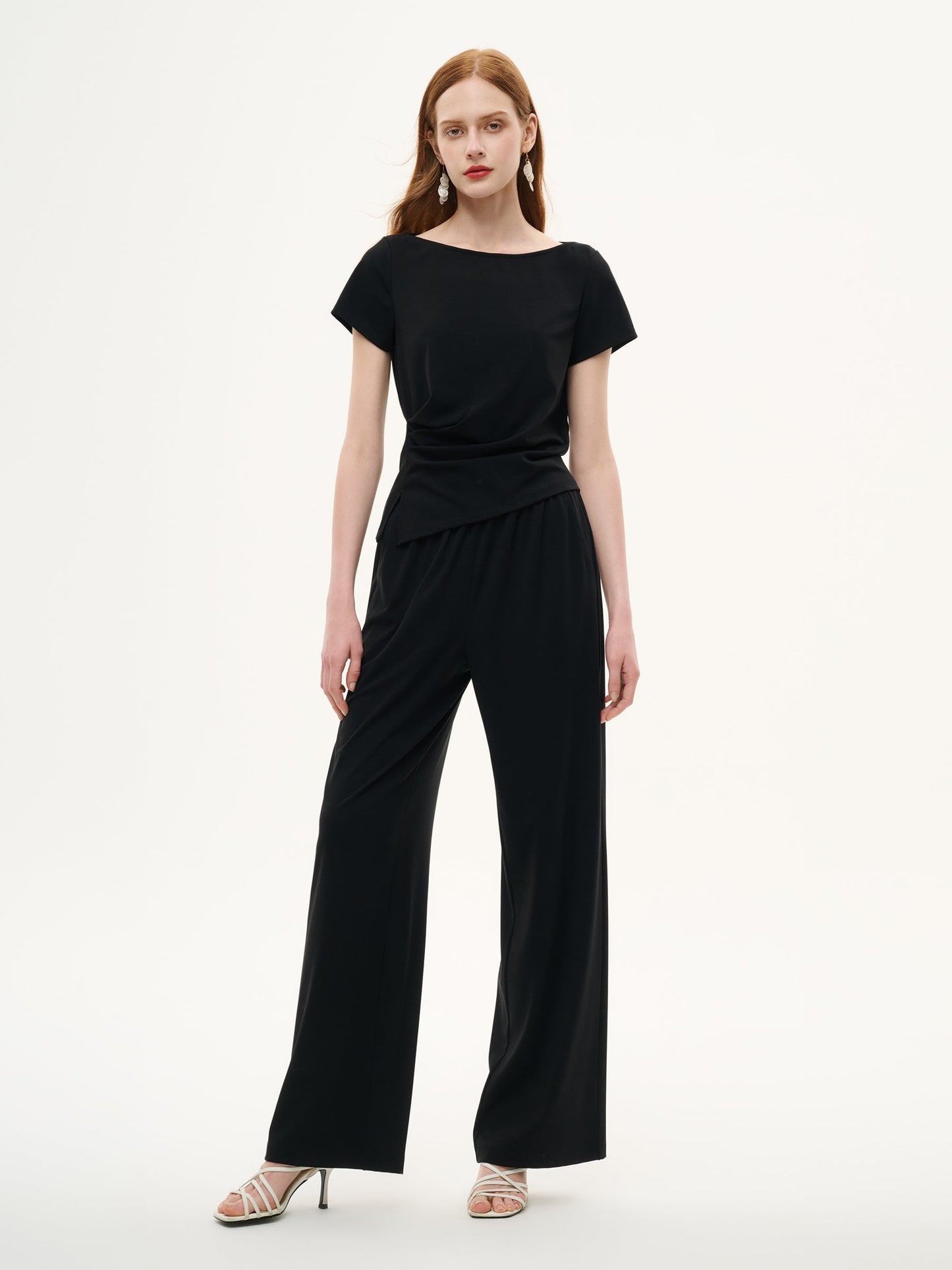 Boat Neck Side Ruched Top And Pants Two-Piece Set With Floral Print Scarf
