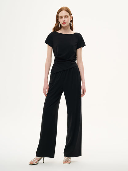 Boat Neck Side Ruched Top And Pants Two-Piece Set With Floral Print Scarf