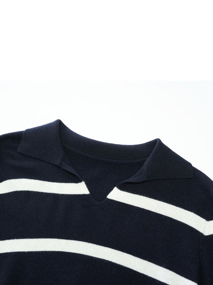 100% Wool Stripe Women Polo Sweater