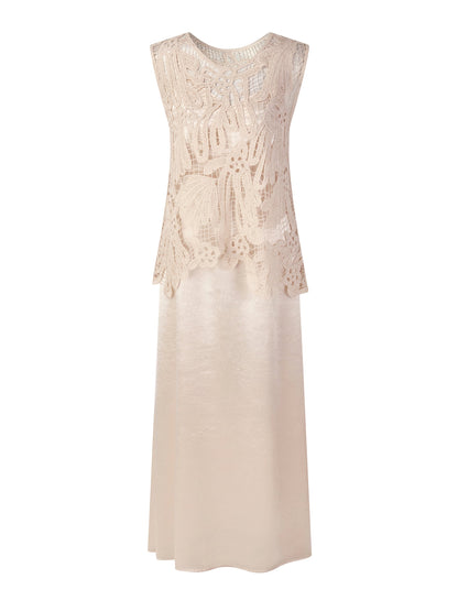 100% Acetate Openwork Crochet Tank Top And Slip Dress Two-Piece Set