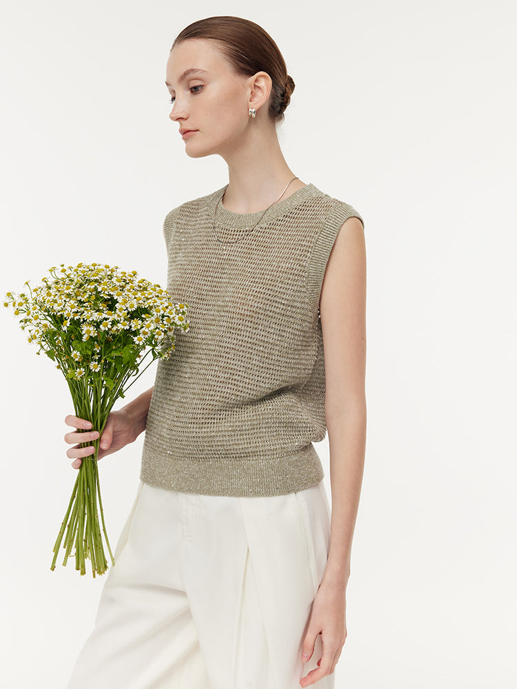 Linen Sequins Openwork Women Knit Tank Top