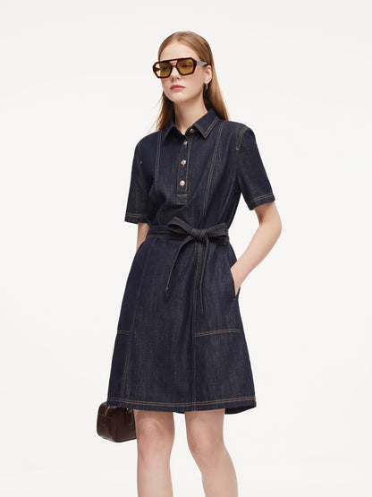 100% Cotton Denim Women A-Line Mini Shirt Dress With Self-Tie Belt