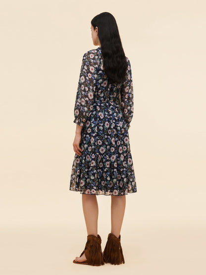 10MM Mulberry Silk Floral Print Women Ruffle Collar Midi Dress
