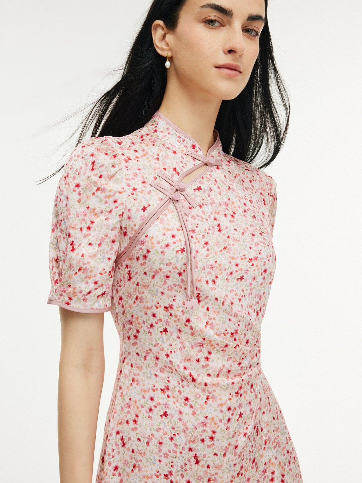 Floral Print Side Twist Women Qipao Midi Dress