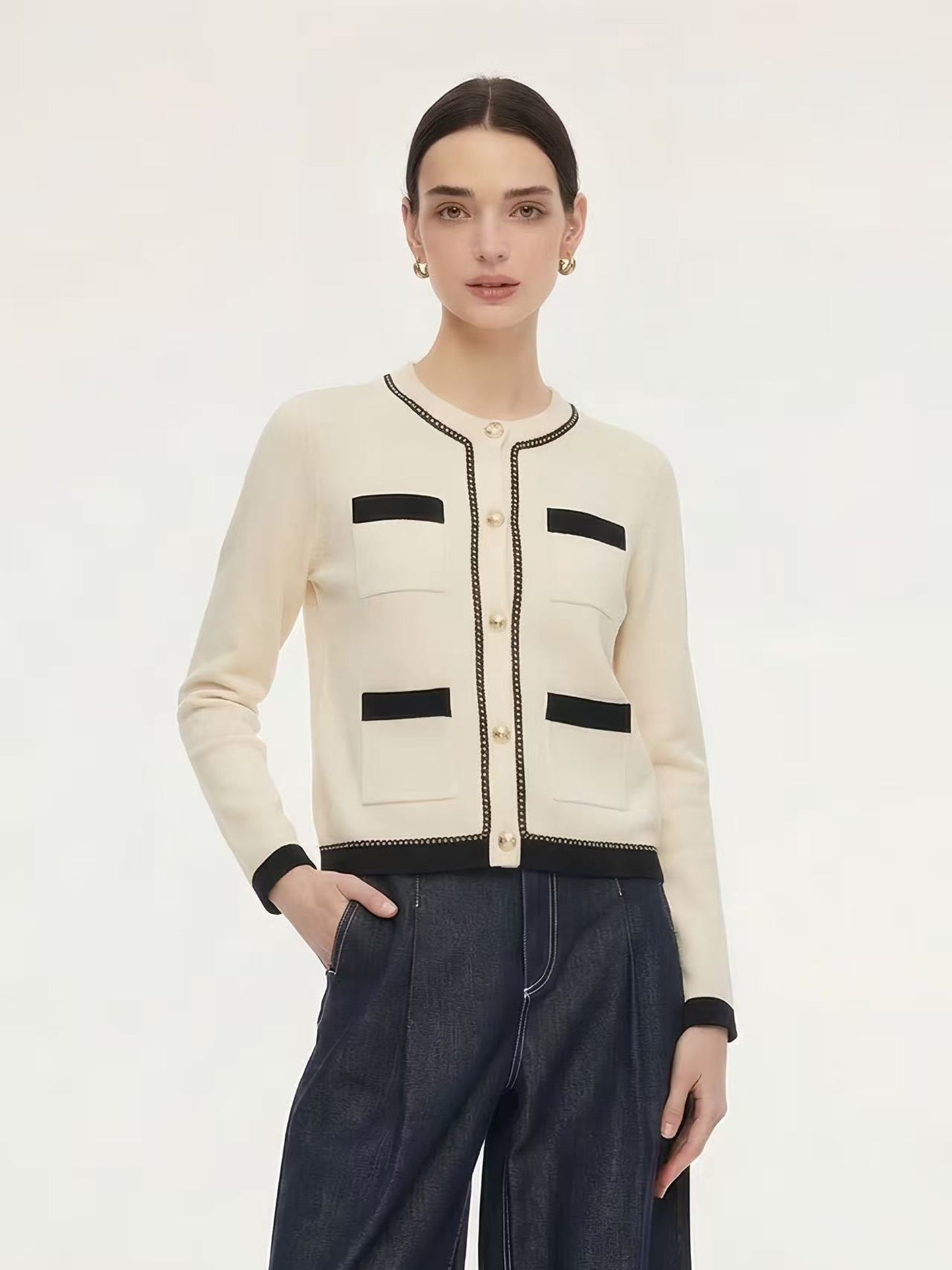 Tencel Blend Contrast Trim Women Cardigan