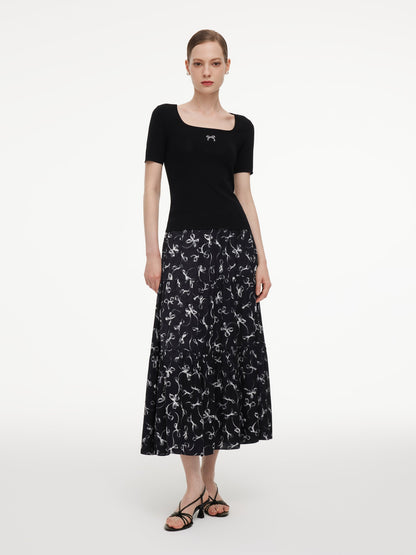 Lyocell Blend Bowknot Embroidered Women Square Neck Knit Top