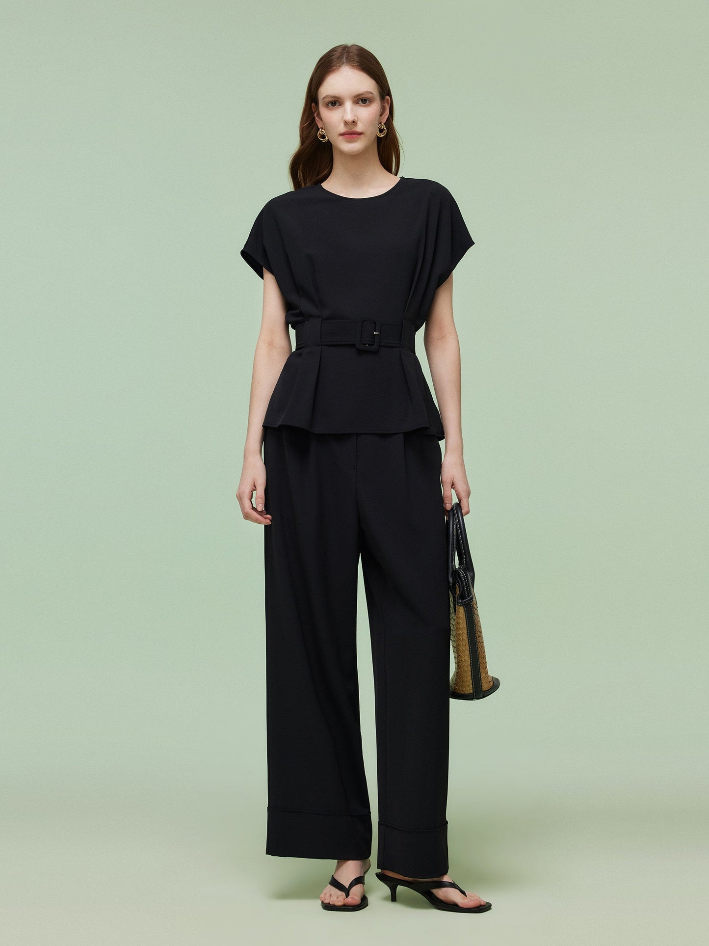 Four-Way Stretch Top And Ankle Length Pants Two-Piece Set With Belt
