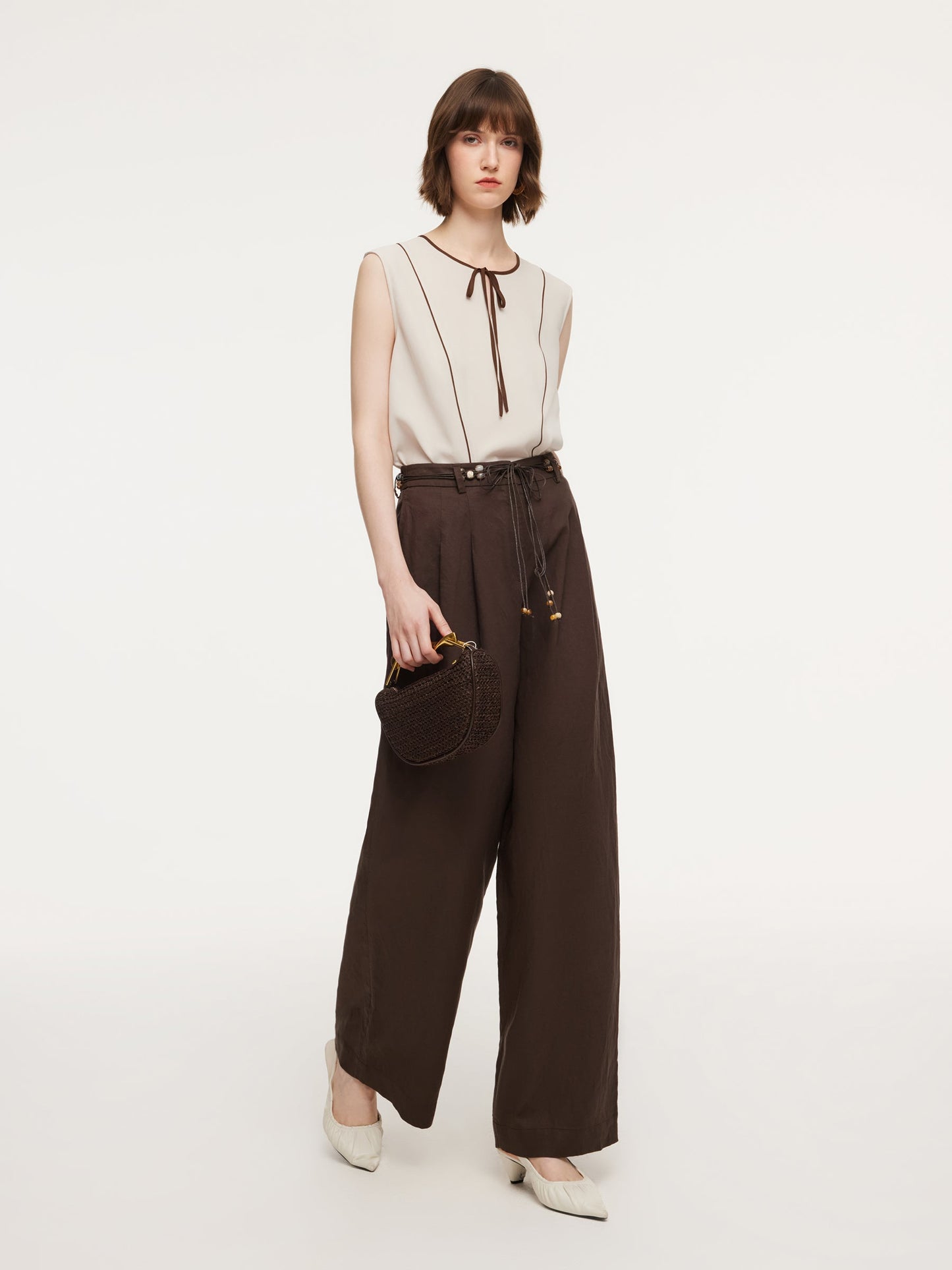 Linen Blend Women Wide Leg Pants With Tie String Belt