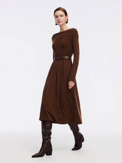 Tencel Wool Blend Boat Neck Women Knit Maxi Dress With Leather Belt