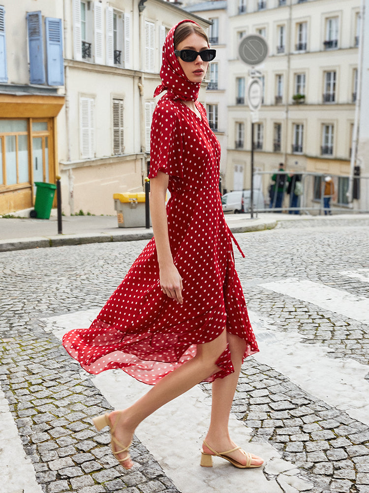 10 Momme Mulberry Silk Polka Dots Print Wrapped Ruffle Women Midi Dress