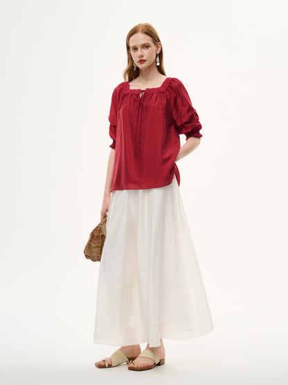 Tencel Blend Embroidered Square Neck Women Blouse