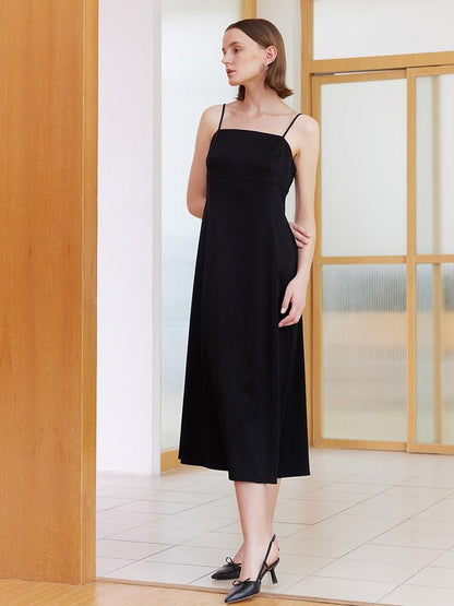 Black Triacetate Spaghetti Strap Midi Dress