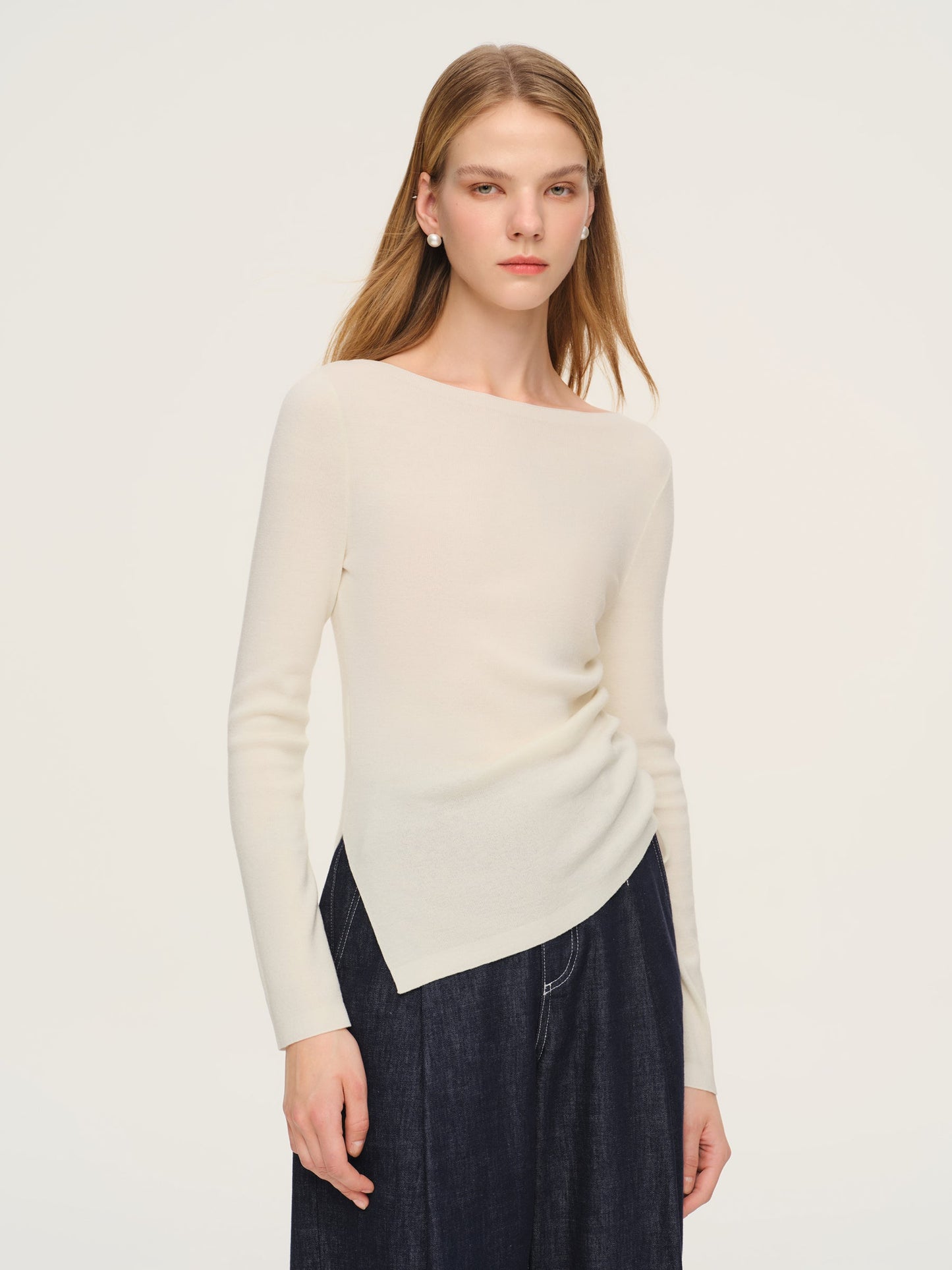 Wool Acetate Blend Boat Neck Side Drawstring Women Knit Top