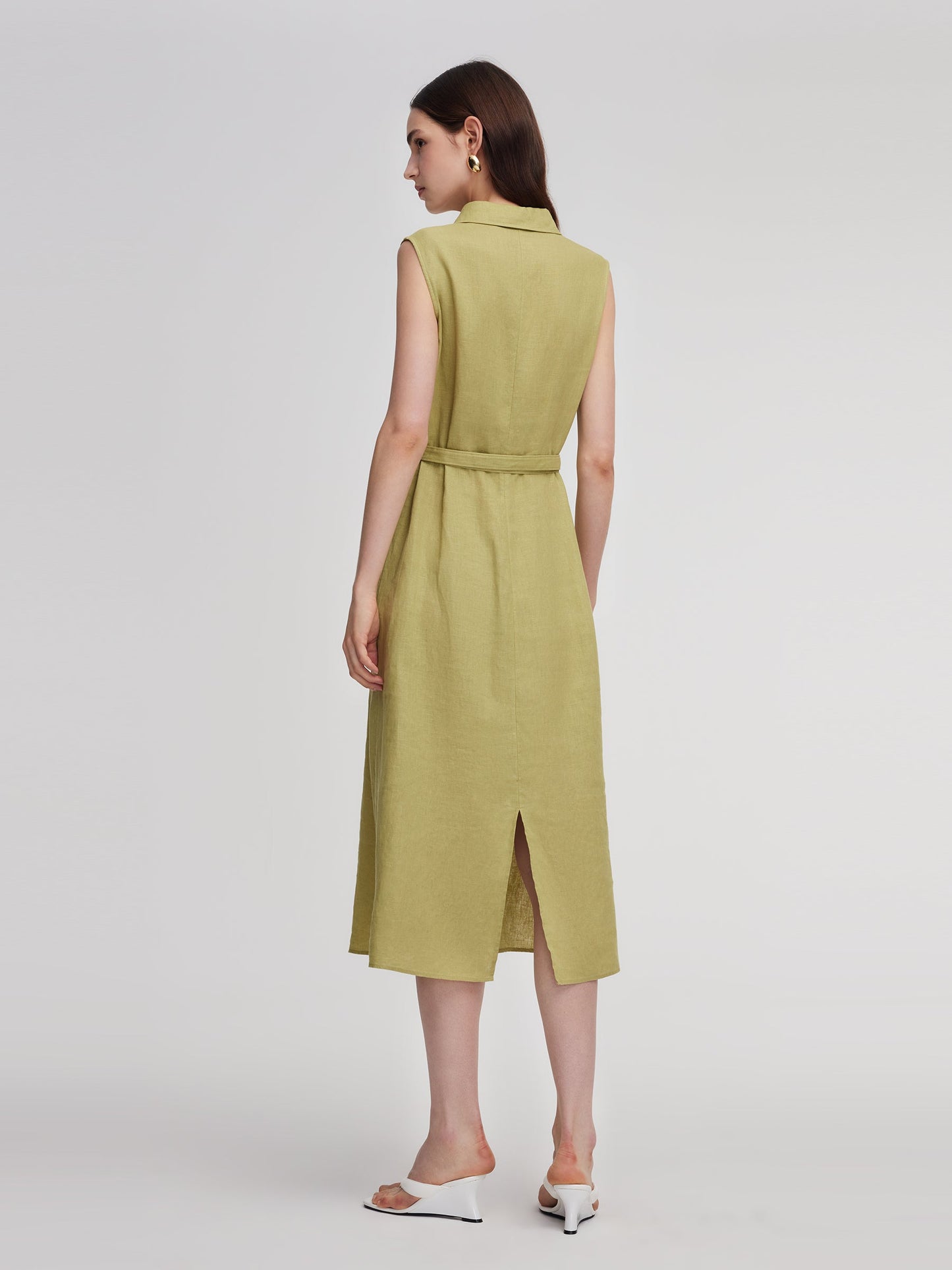 100% Linen Sleeveless Women Maxi Shirt Dress With Belt