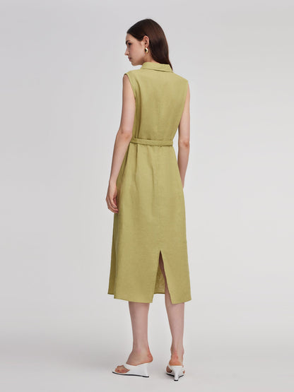 100% Linen Sleeveless Women Maxi Shirt Dress With Belt