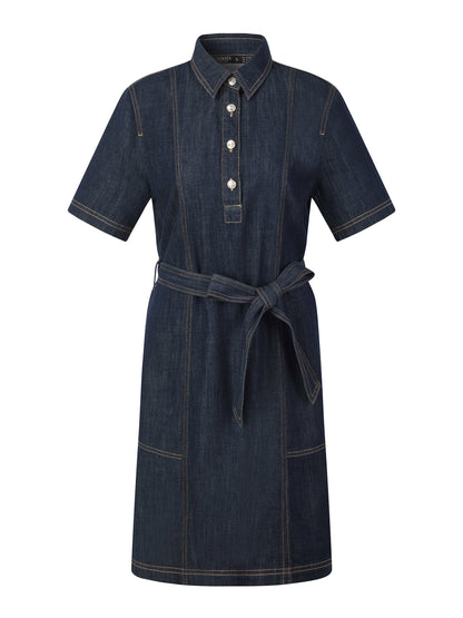 100% Cotton Denim Women A-Line Mini Shirt Dress With Self-Tie Belt