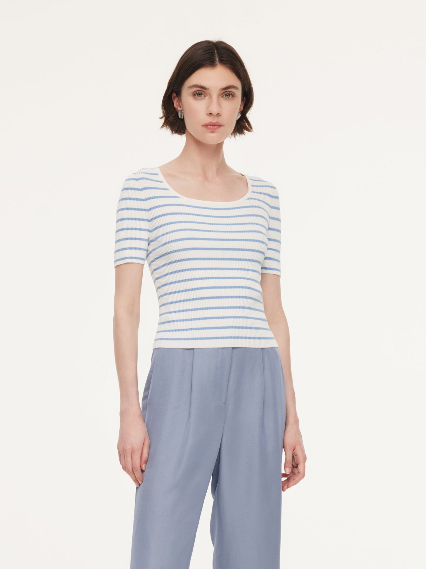 Lyocell Blend Stripe Square Neck Women Knit Top