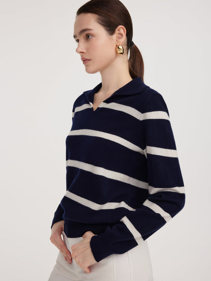 100% Wool Stripe Women Polo Sweater