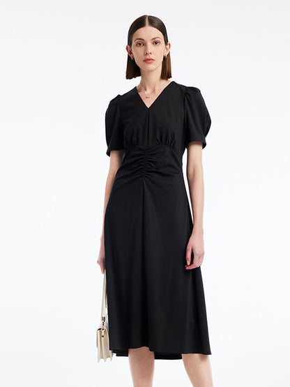 V-neck Pleated Midi Dress