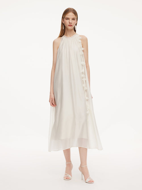 Ruffle Neckline Women Halter Maxi Dress With Floral Ribbon