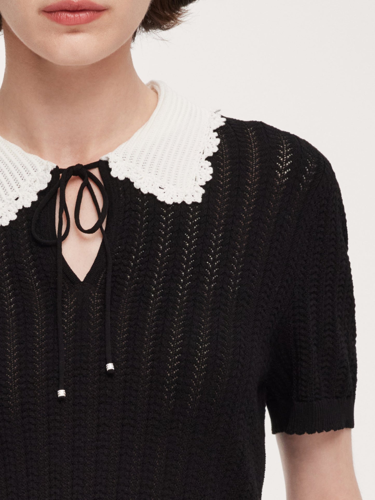 Tencel Blend Color Block Tie Front Women Openwork Knit Top