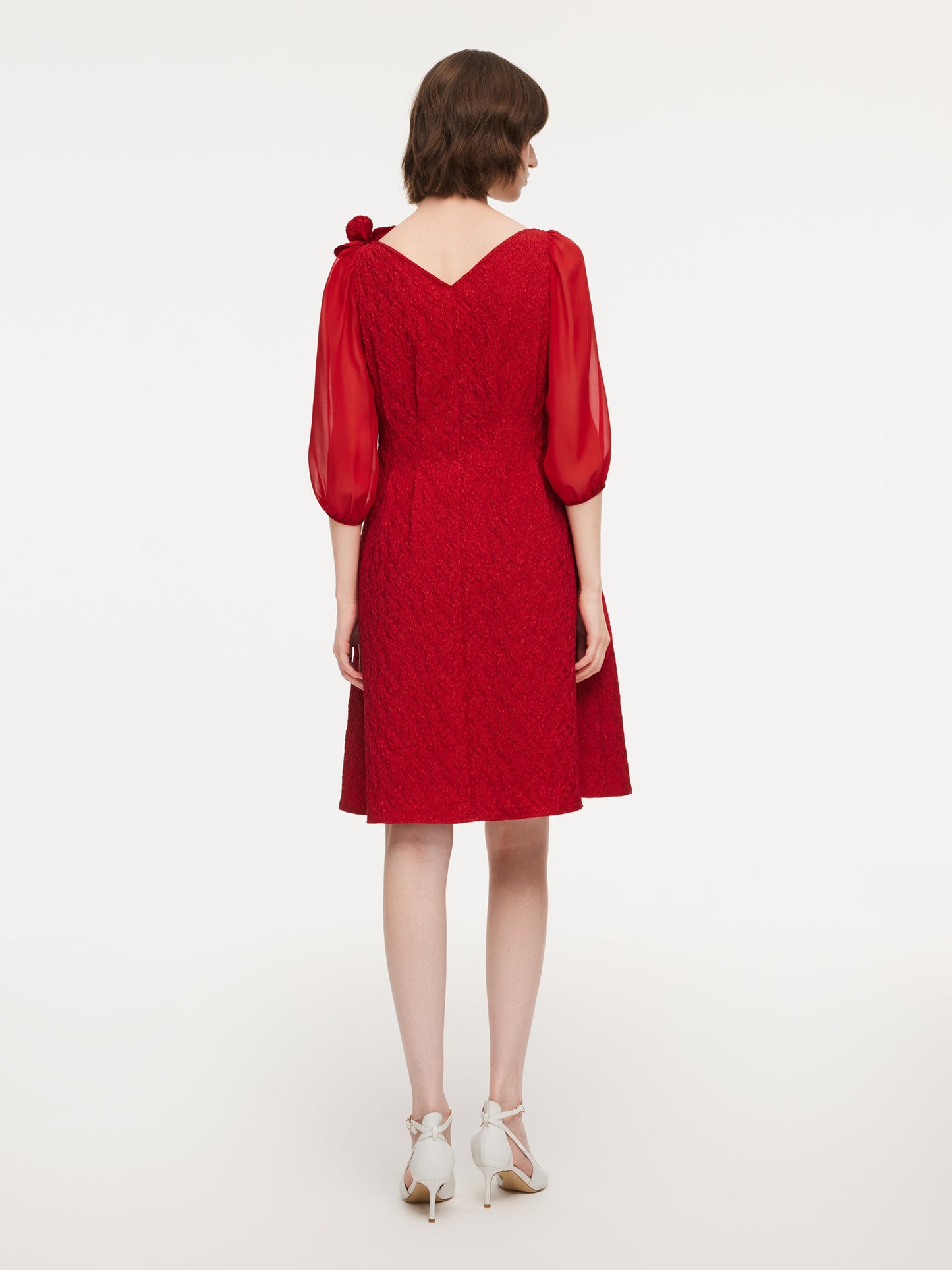 Chili Red Jacquard Boat Neck Women Midi Dress With Detachable Flower