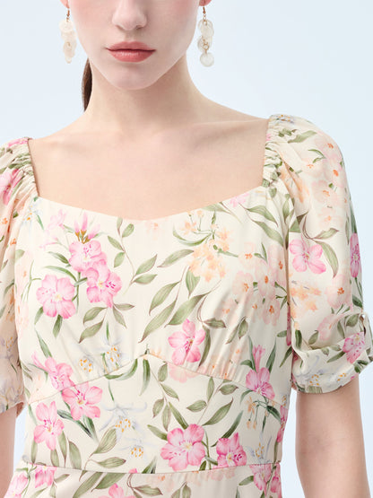 19MM Mulberry Silk Floral Print Women Square Neck Midi Dress