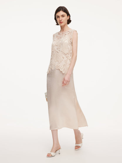 100% Acetate Openwork Crochet Tank Top And Slip Dress Two-Piece Set