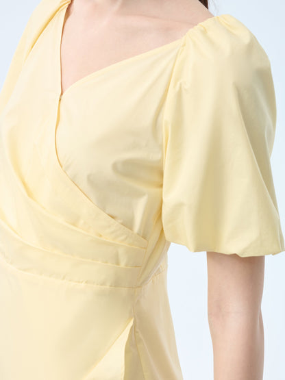 100% Cotton Ruffle Puff Sleeve Women Wrap Midi Dress