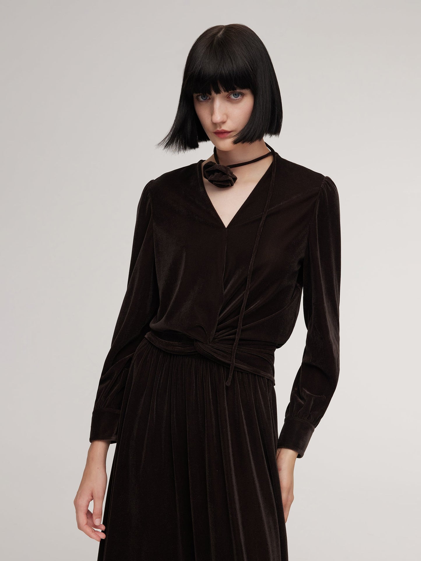 Velvet Twist Front Knit Top And Skirt Two-Piece Set With Floral Ribbon