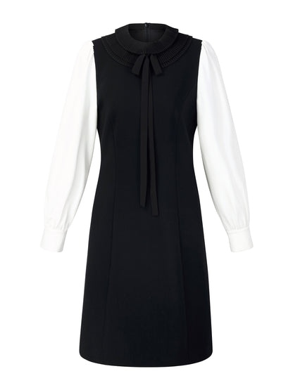 Worsted Wool Blend Ruffle Collar Women Mini Dress With Detachable Ribbon
