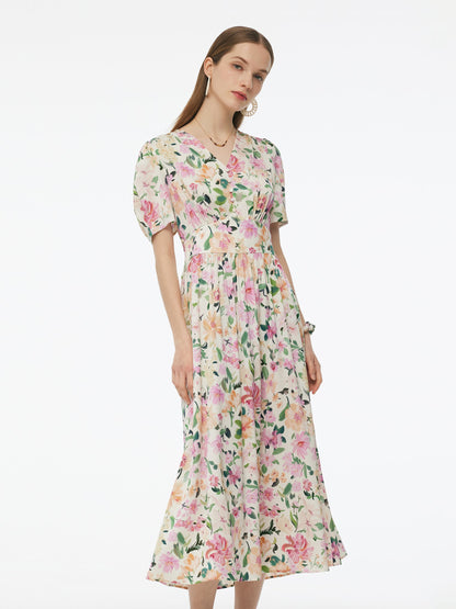 19MM Mulberry Silk Floral Print V-Neck Women Maxi Dress
