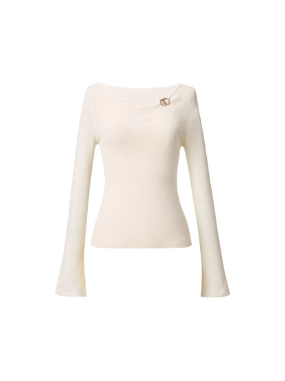 [Preview] Wool Blend Boat Neck Women Knit Top With GO Letter Clip